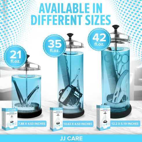 JJ CARE Disinfectant Jar (21 oz) - Barber Jar Glass, Sanitizer Disinfectant Glass Jar, Barber Disinfectant Jar, Implement Disinfectant Container w/Stainless Steel Removable Strainer & Cap - Black Lid